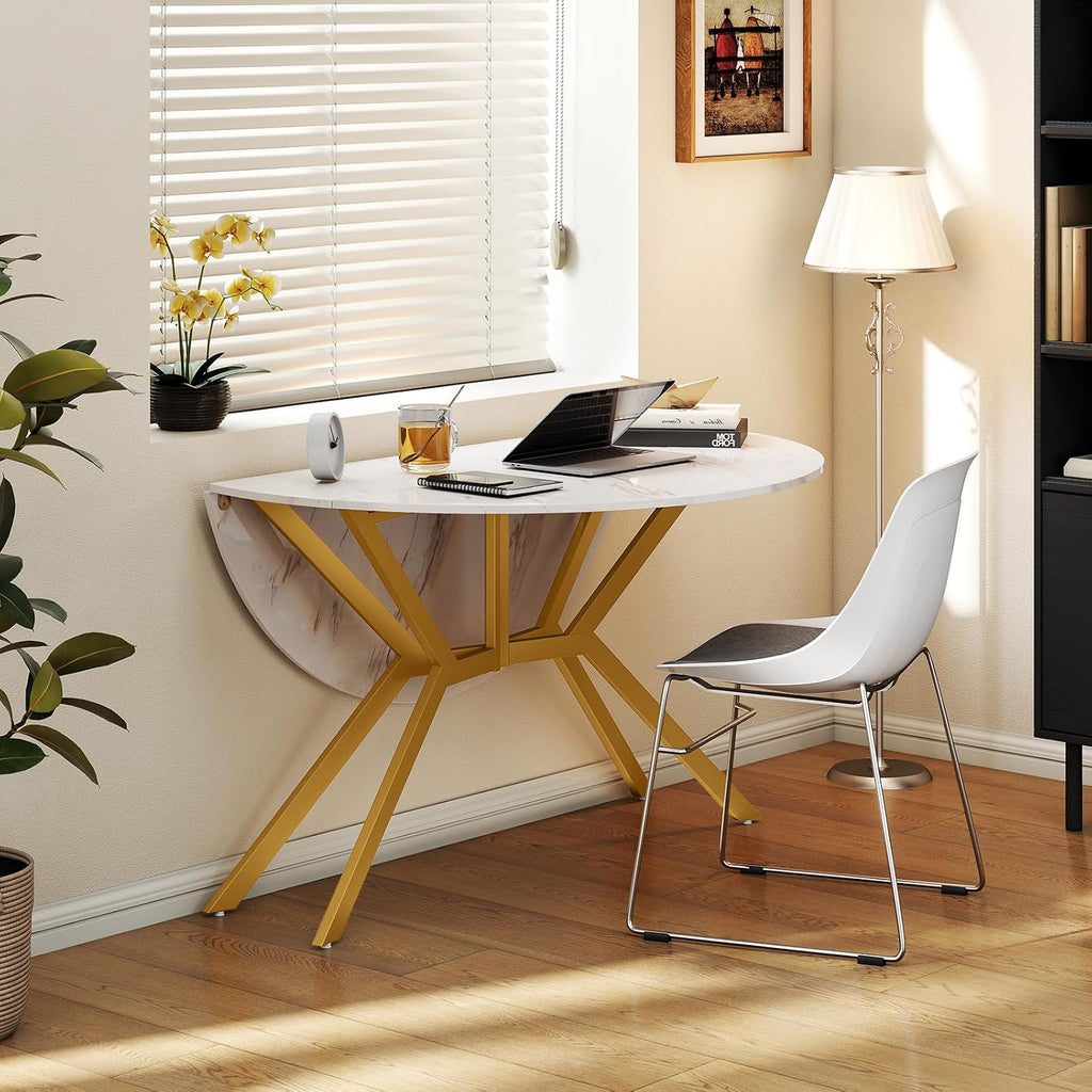 Giantex Folding Dining Table for 4-6 People, 47" Round Drop Leaf Table with Metal Frame, Mid-Century Modern Expandable Kitchen Tables for Small Spaces Dinette Living Room Restaurant (White)