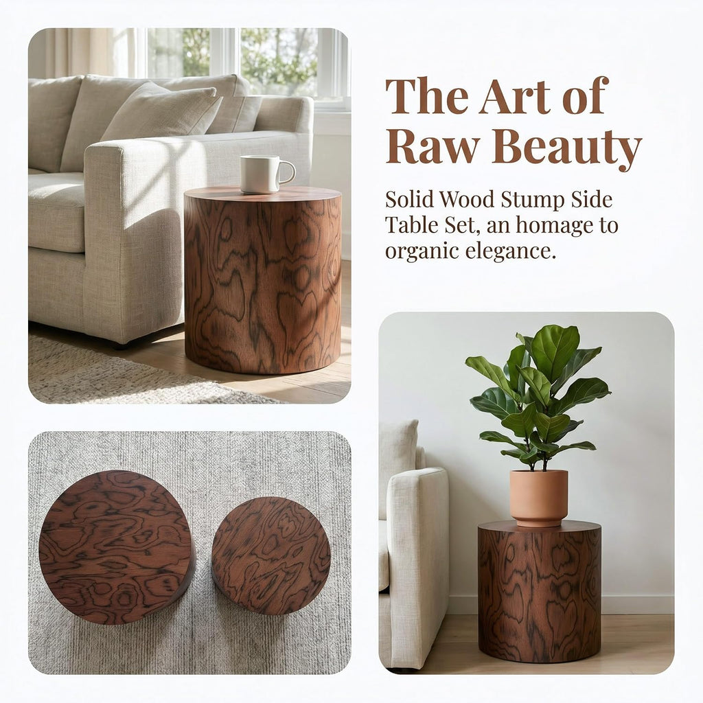 Round Nesting Coffee Table Set of 2, Modern Circle Accent End Table | Wooden Side Table, Small Drum Center Table, Natural Swirl Grain Rustic Side Set for Living Room, Small Space, No Assembling