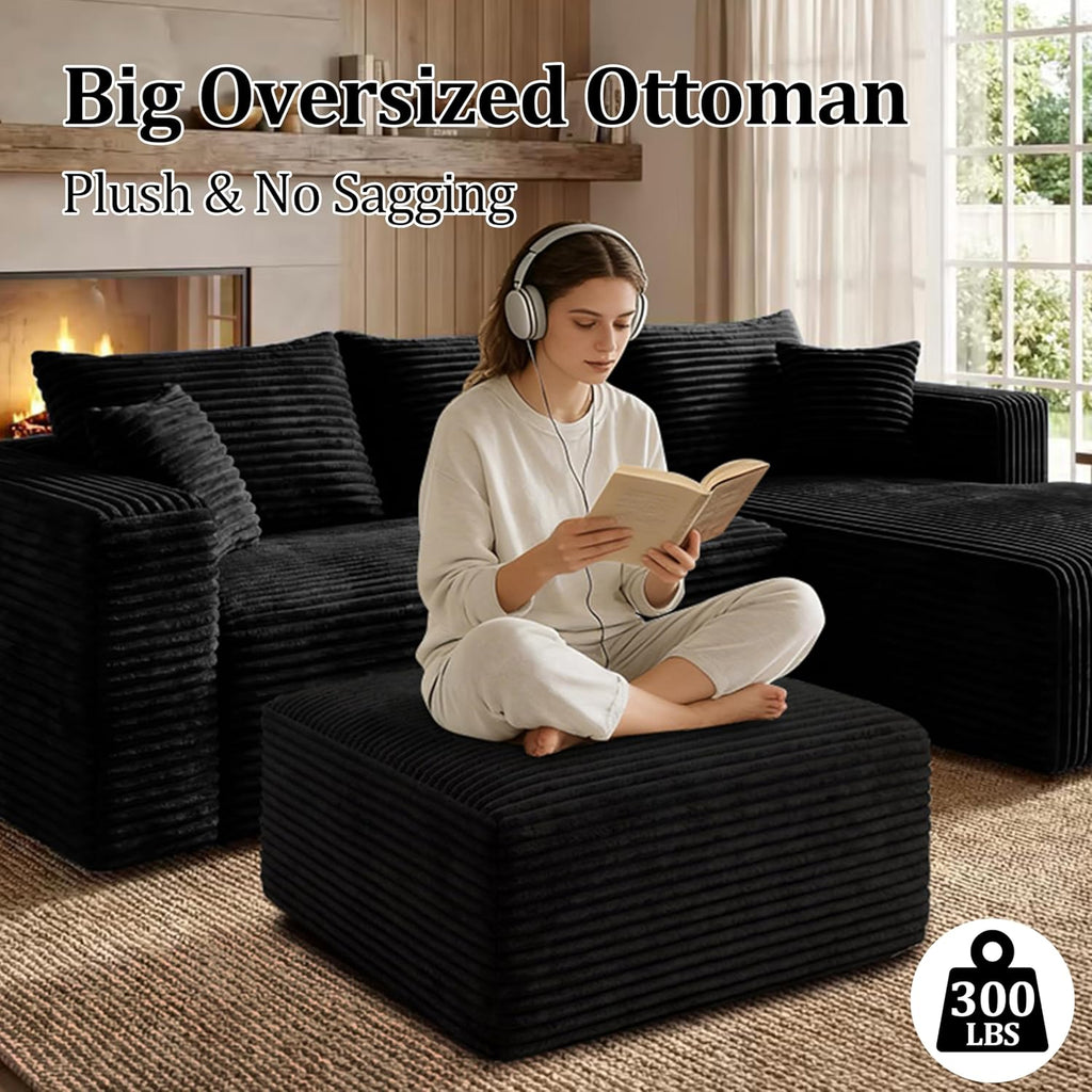 Ottoman, Modern Corduroy Cloud Foot Rest Foam Support, Oversized Modular Sectional Sofa Stool for Living Room, Bedroom & Small Spaces, No Assembly Required (Black, Ottoman)