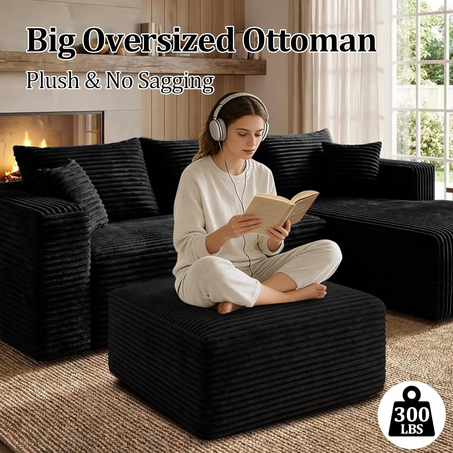 Ottoman, Modern Corduroy Cloud Foot Rest Foam Support, Oversized Modular Sectional Sofa Stool for Living Room, Bedroom & Small Spaces, No Assembly Required (Black, Ottoman)
