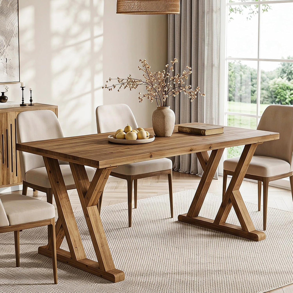 63" Farmhouse Solid Wood Dining Table for 4-6, Wooden Rectangular Rustic Kitchen Dinner Table with Heavy-Duty Legs for Living Room, Dining Room, Brown