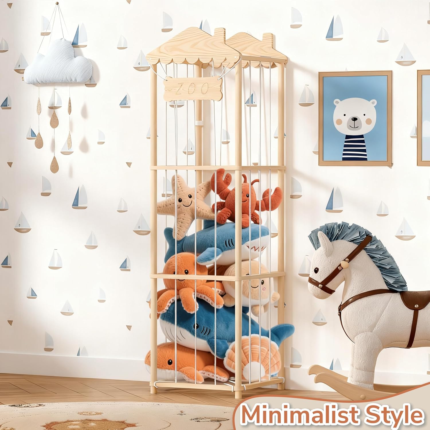 AMBIRD Stuffed Animal Storage, Wood Stuffed Animal Zoo Holder, Large Kids Toy Organizers, Plushies Storage for Boys Girls Bedroom, Playroom, Nursery (15.75 x 15.75 x 55 inch)