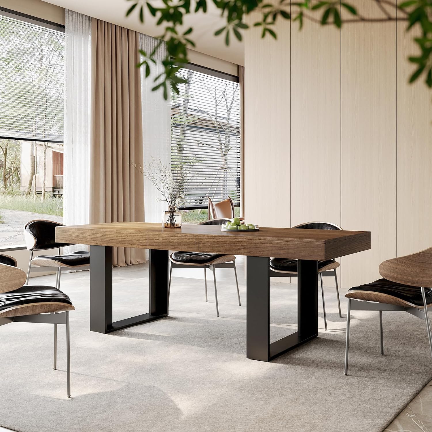 71-87 Inch Extendable Dining Room Table, Rustic Wooden Kitchen Table 6-10 | STHOUYN Expandable Dining Table, Farmhouse Rustic Style, Rectangular Wooden Top, Seats 6-10, Brown Kitchen or Dining Room