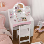 MU Kids Vanity with Lights, Princess Makeup Vanity Table and Chair Set for Girls, Toddler Vanity Desk with Open Bookshelf, Storage Cabinet & Shelves, Stools, White
