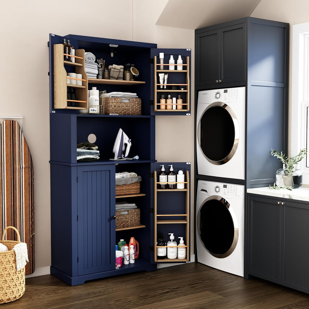 HLR 72" Freestanding Beadboard Pantry Cabinet with Microwave Shelf | Multi‑Purpose Tall Microwave Stand with Storage, Space‑Saving Design Cabinet for Kitchen or Living Room, Navy Blue