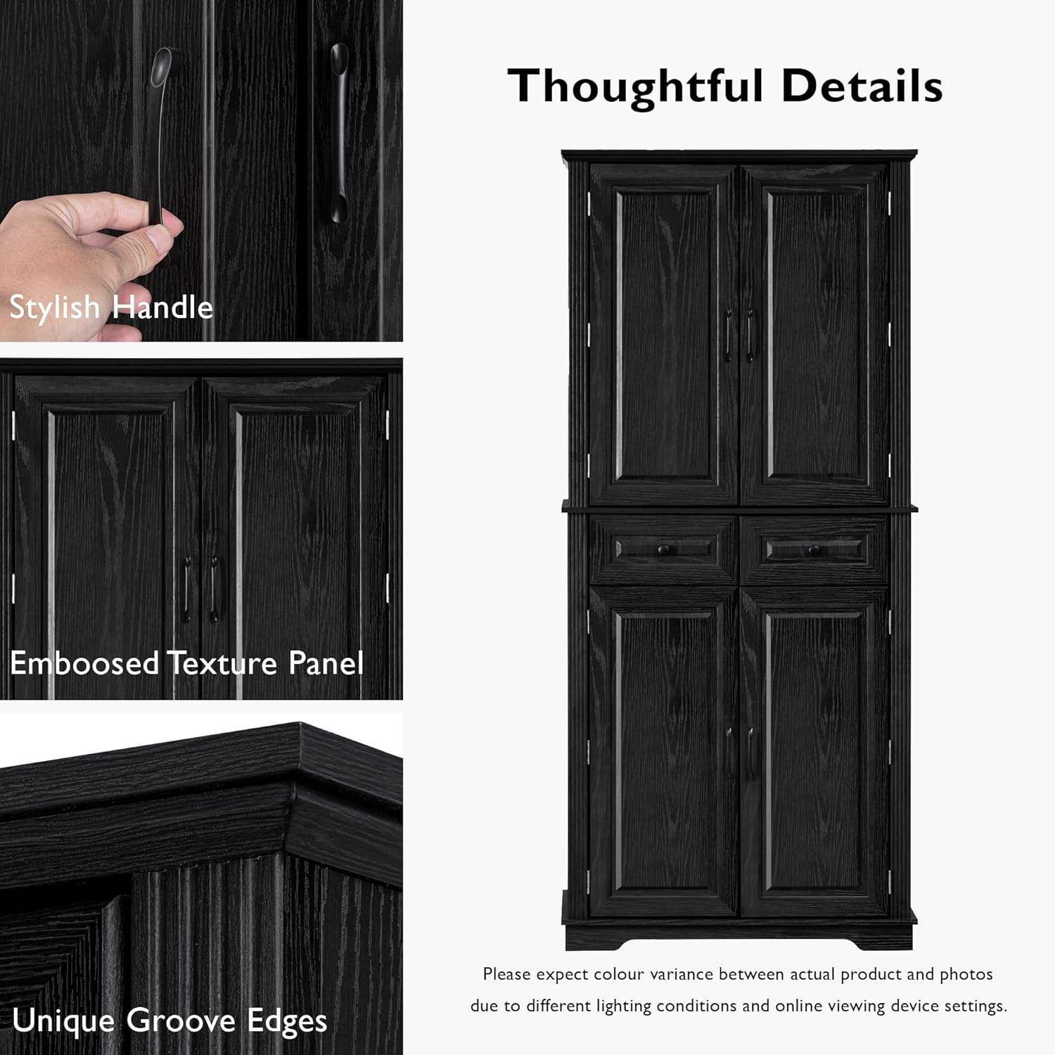 71" Tall Kitchen Pantry Cabinet, Freestanding Pantry Storage Cabinet with 3 Pull Out Organizers, 6 Door Shelves & 2 Drawers, Farmhouse Embossed Texture Cupboard for Kitchen, Dining Room, Black