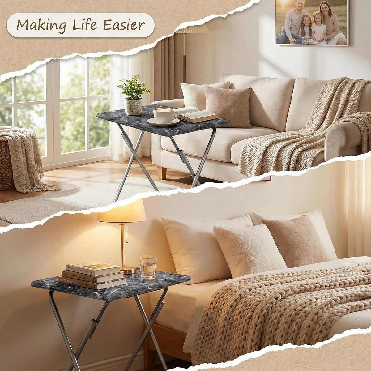 Tv Trays Folding Tv Table, Dinner Table for Eating with Sturdy Metal Frame, Small Foldable Snack Trays Table for Living Room, Couch,Sofa, Bed, No Assembly Required (Black Marble)