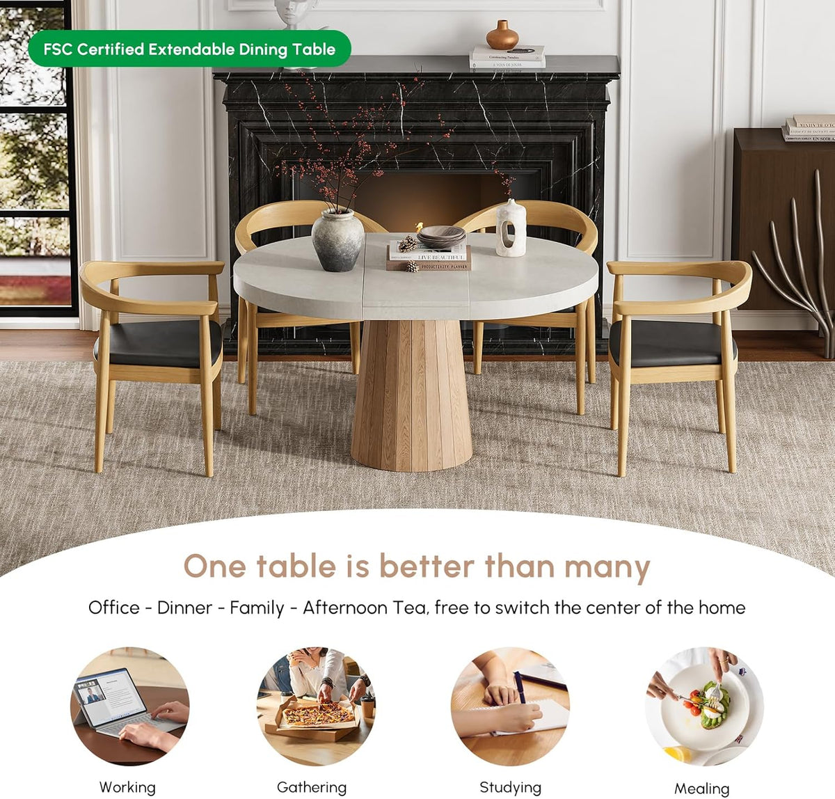 homary Extendable Dining Table for 6 Round to Oval 39"-55", Solid Wood Kitchen Table for 4-6 People, Space-Saving Design for Small Spaces & Family Gatherings