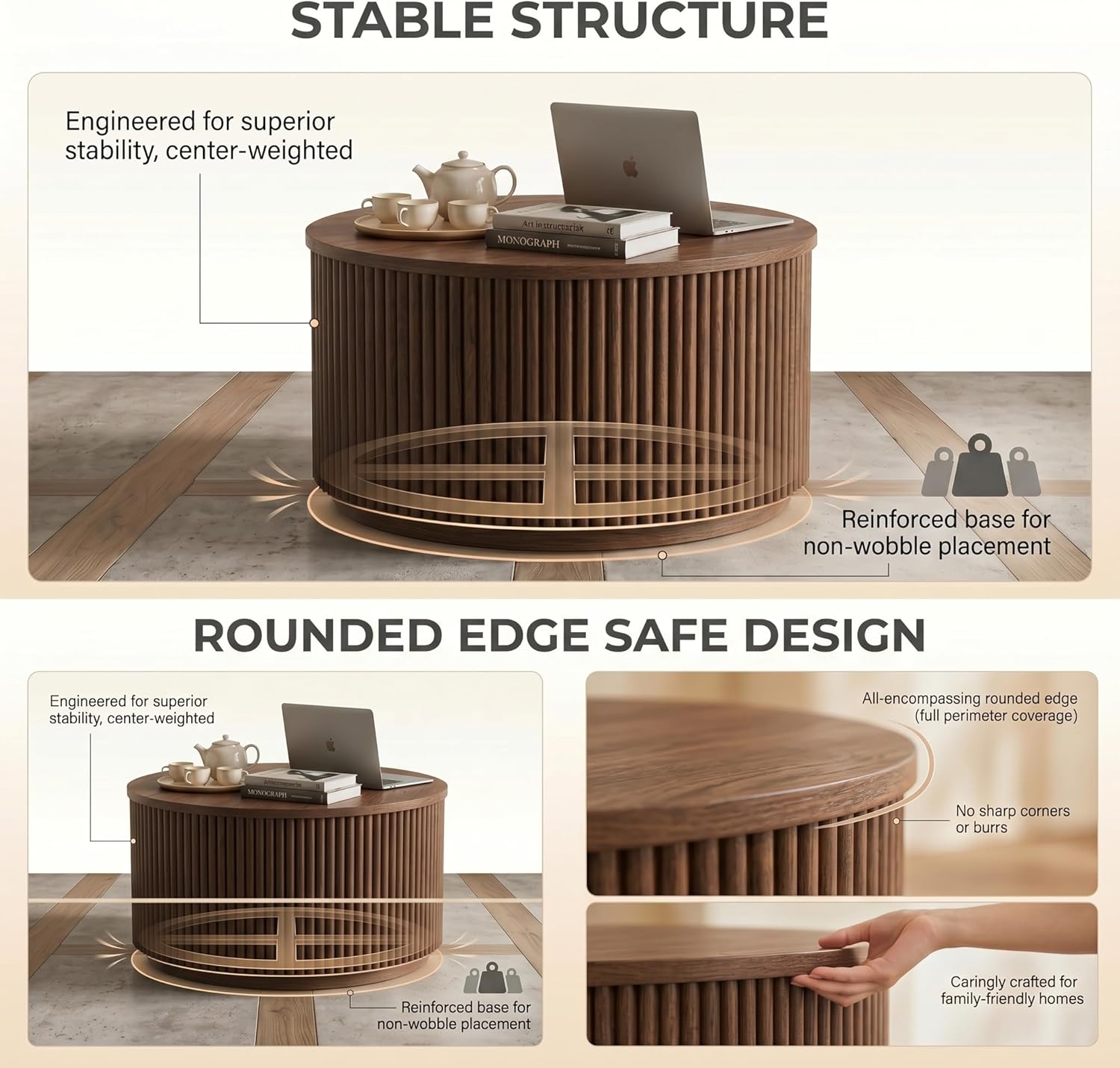 KEIKI Round Nesting Coffee Table Set of 2, Roman Wood Center Table & End Table Set with Built-in Storage, Modern Accent Tables for Small Space Living Room Bedroom, No Assembly, Brown