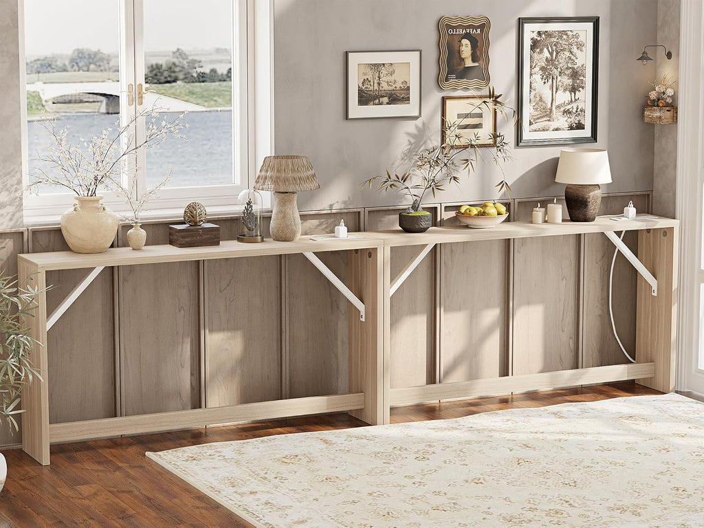TIQLAB 9.1 Inch Narrow Console Table with Power Outlet,Sofa Table Set of 2，Total Length 94'' Sofa Table Behind Couch，for Entryway&Living Room, Light Walnut