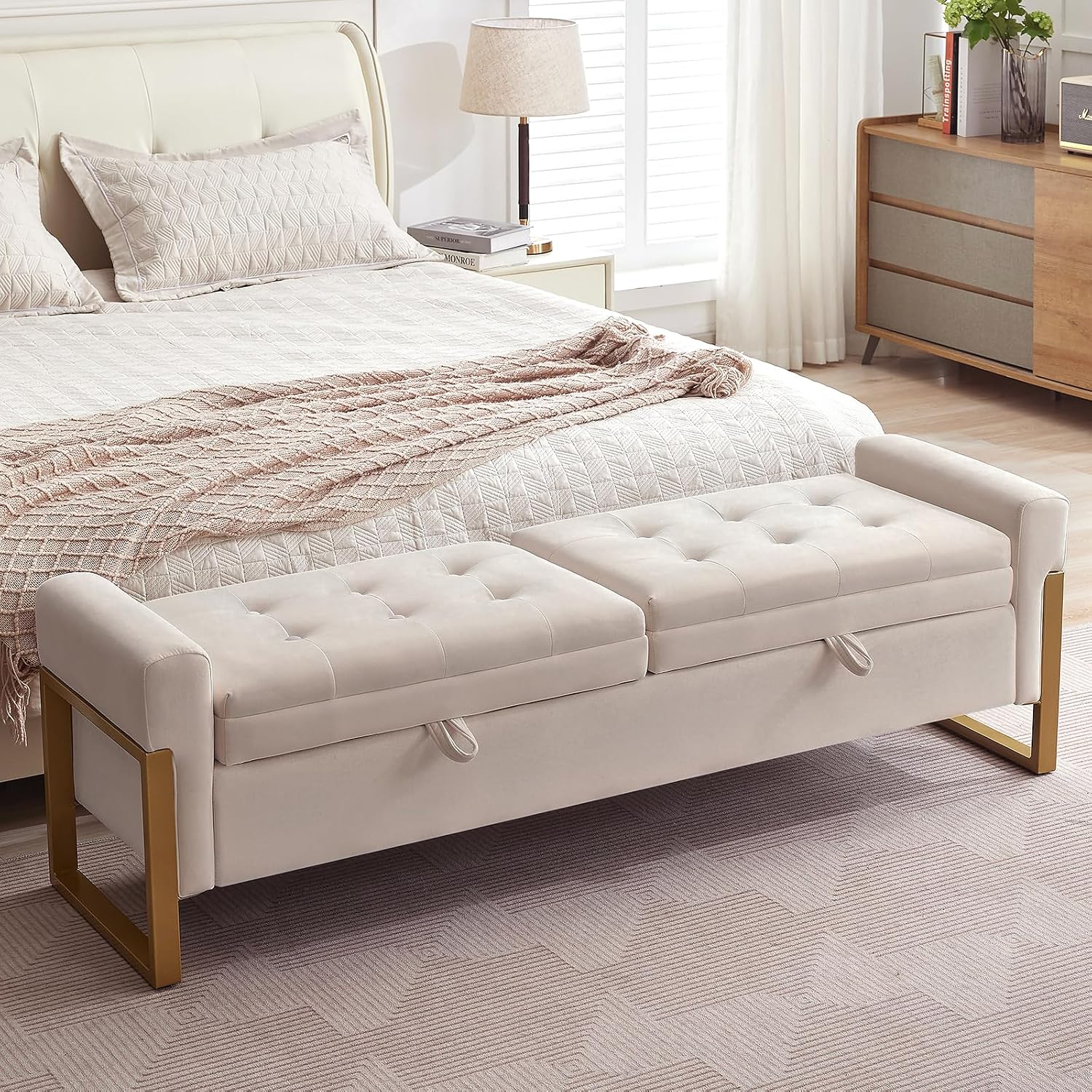 67" Storage Bench for Bedroom, End of Bed Bench King Size, Beige | Double Lids Storage Ottoman Bench with Golden Legs, Upholstered Velvet Bench for Foot of Bed Window Living Room Entryway