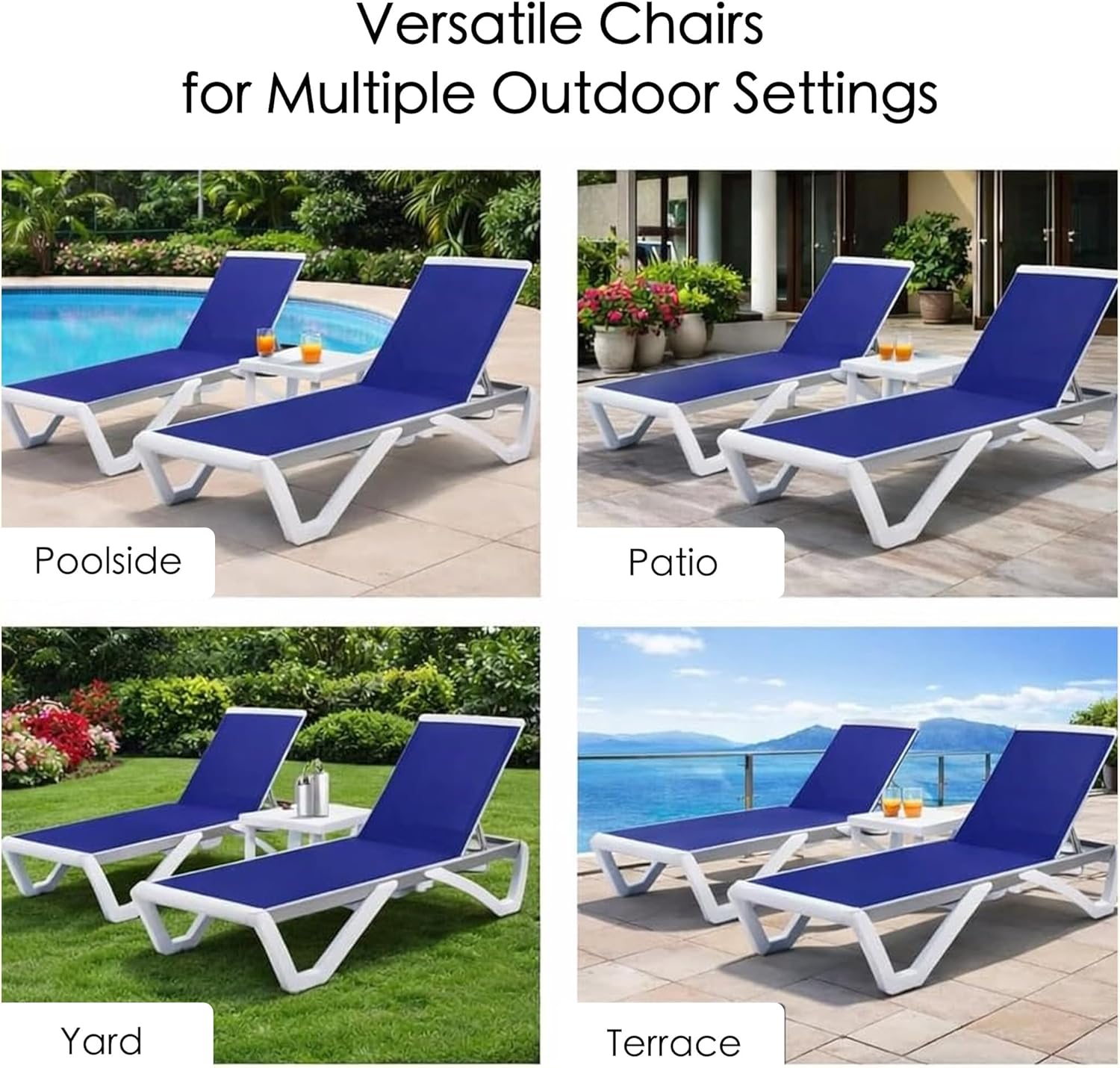 Kozyard Outdoor Chaise Lounge Chair, Full Flat Adjustable Patio Lounger with Aluminum Frame & Resin Legs, Textilene Fabric for Poolside, Backyard & Beach (NavyBlue, 2Chairs + Table)