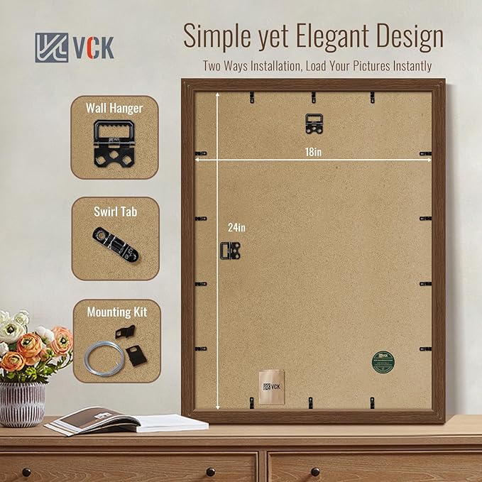 VCK 18x24 Poster Frame Set of 4 - Brown, Gallery-Quality Wood Picture Frames, 1.1-Inch Wide Border, Polished Plexiglass, Vertical or Horizontal Wall Display for Photo/Art/Prints, Brown