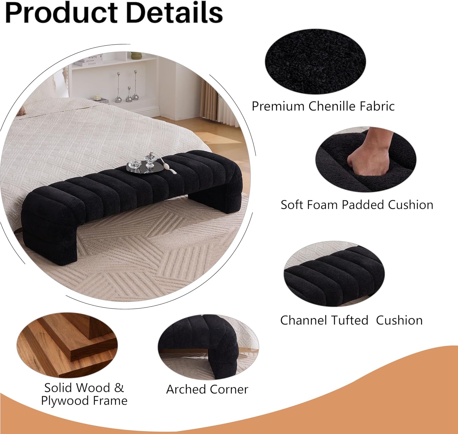 Arched Ottoman Bench for Bedroom Living Room,69.7" Chenille Long Benches for Bed End King Size,Modern Channel Tufted Seating Bench for Entryway,Window,Bedside (Black, 69.7")