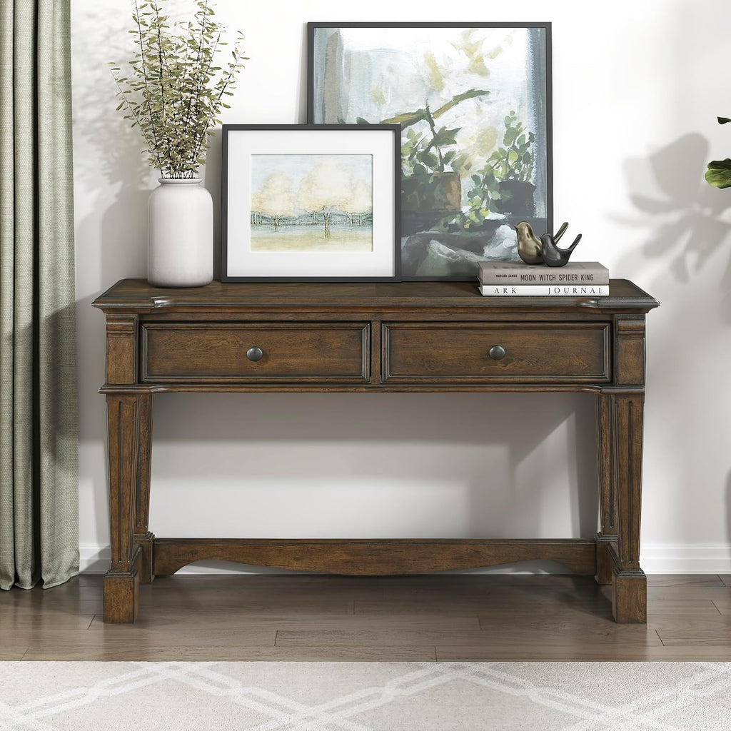 Lexicon Rectangle Wood Sofa Table with 2 Dovetail Drawers, Cherry Veneer Console Table with Antique Bronze Knobs & Sturdy Wood Construction for Elegant Living Room, Entryway, Easy Assembly, Brown