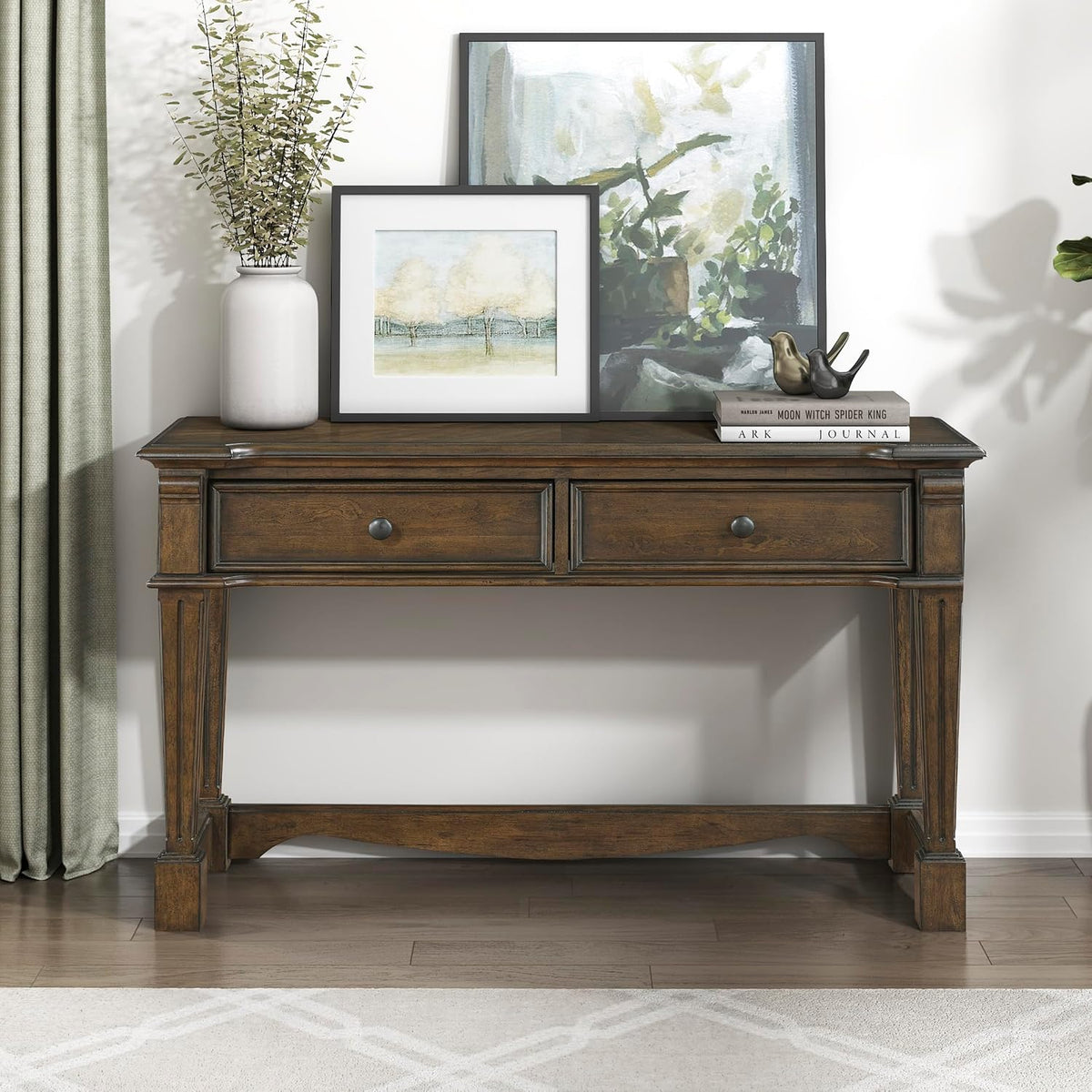 Lexicon Rectangle Wood Sofa Table with 2 Dovetail Drawers, Cherry Veneer Console Table with Antique Bronze Knobs & Sturdy Wood Construction for Elegant Living Room, Entryway, Easy Assembly, Brown