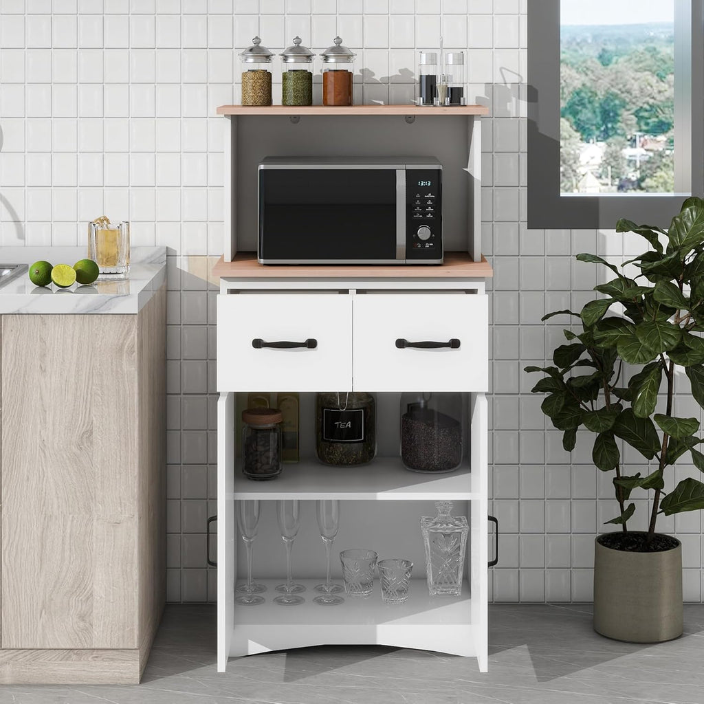 49.4" H White Kitchen Pantry Cabinet with 2 Doors & 2 Drawers, Freestanding Microwave Cabinet with Adjustable Shelf & Cable Hole, Wooden Storage Hutch for Kitchen, Dining Room