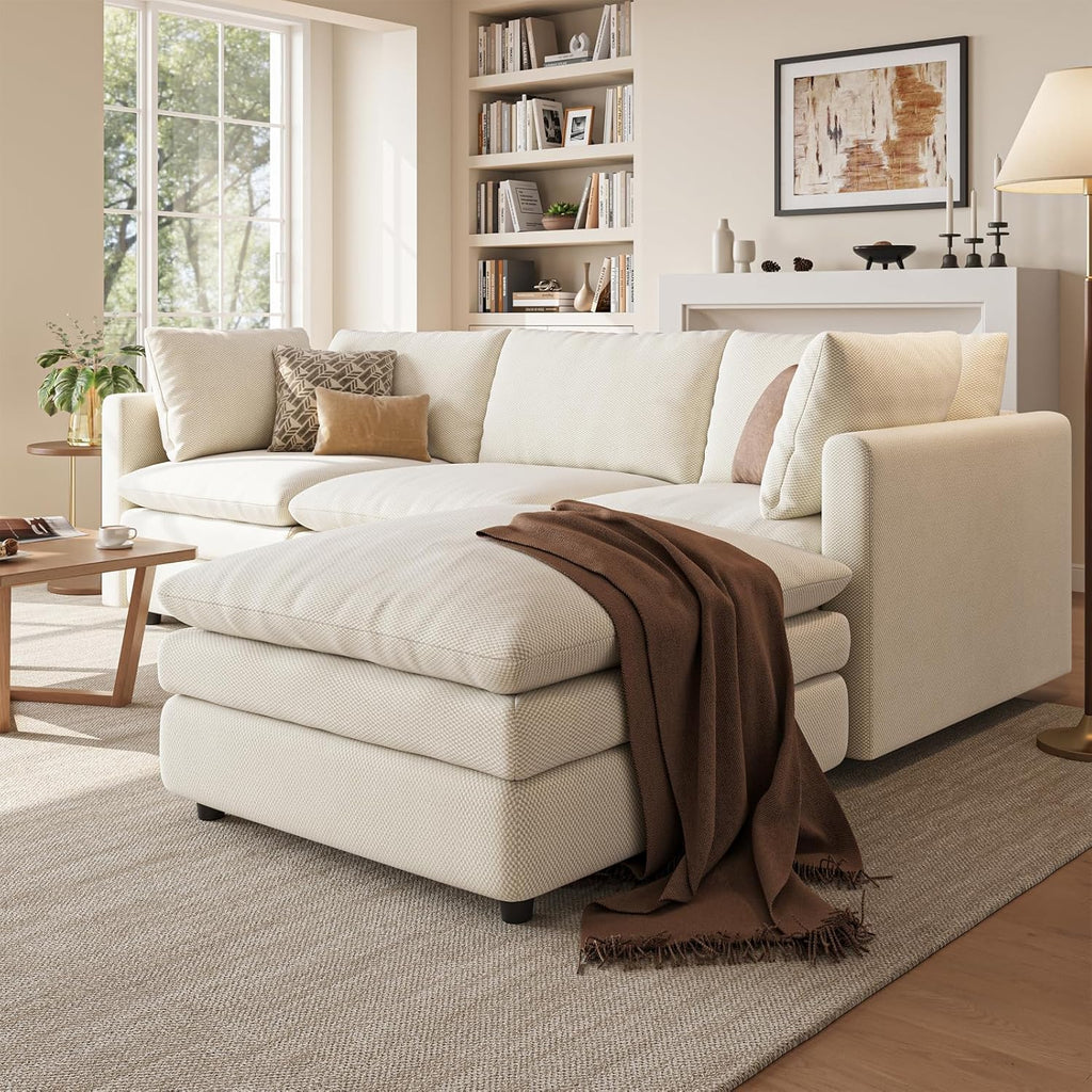 97" Cloud Couches for Living Room, 29.1" Deep Seat Modular Sectional Sofa, L Shaped Cloud Sofa with One Movable Ottoman