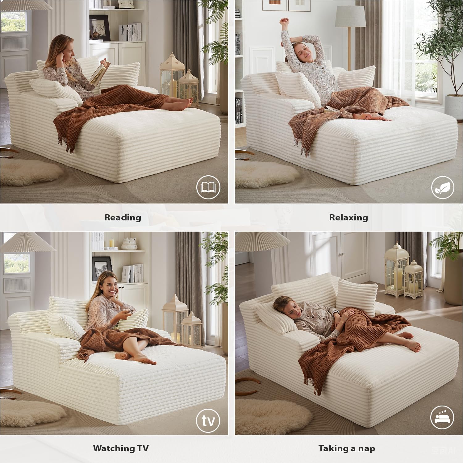 ivoros 50 Inch Chaise Lounge Chair Indoor, Oversized Corduroy Upholstered Sofa Bed, Deep Seat Sleeper Couch Reading Chairs, Cloud Sofas Couches for Living Room, No Assembly Required (Beige)