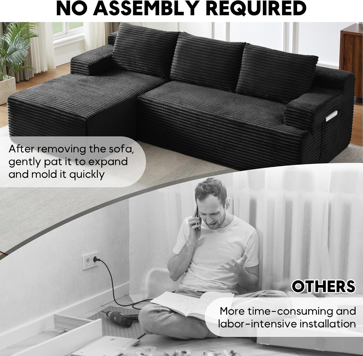 96.1" Cloud Sectional Couch, Modern Modular L Shape Sectional Sofa with Deep Seat Chaise, Comfy Corduroy Couches for Living Room (Black, Left Chaise)