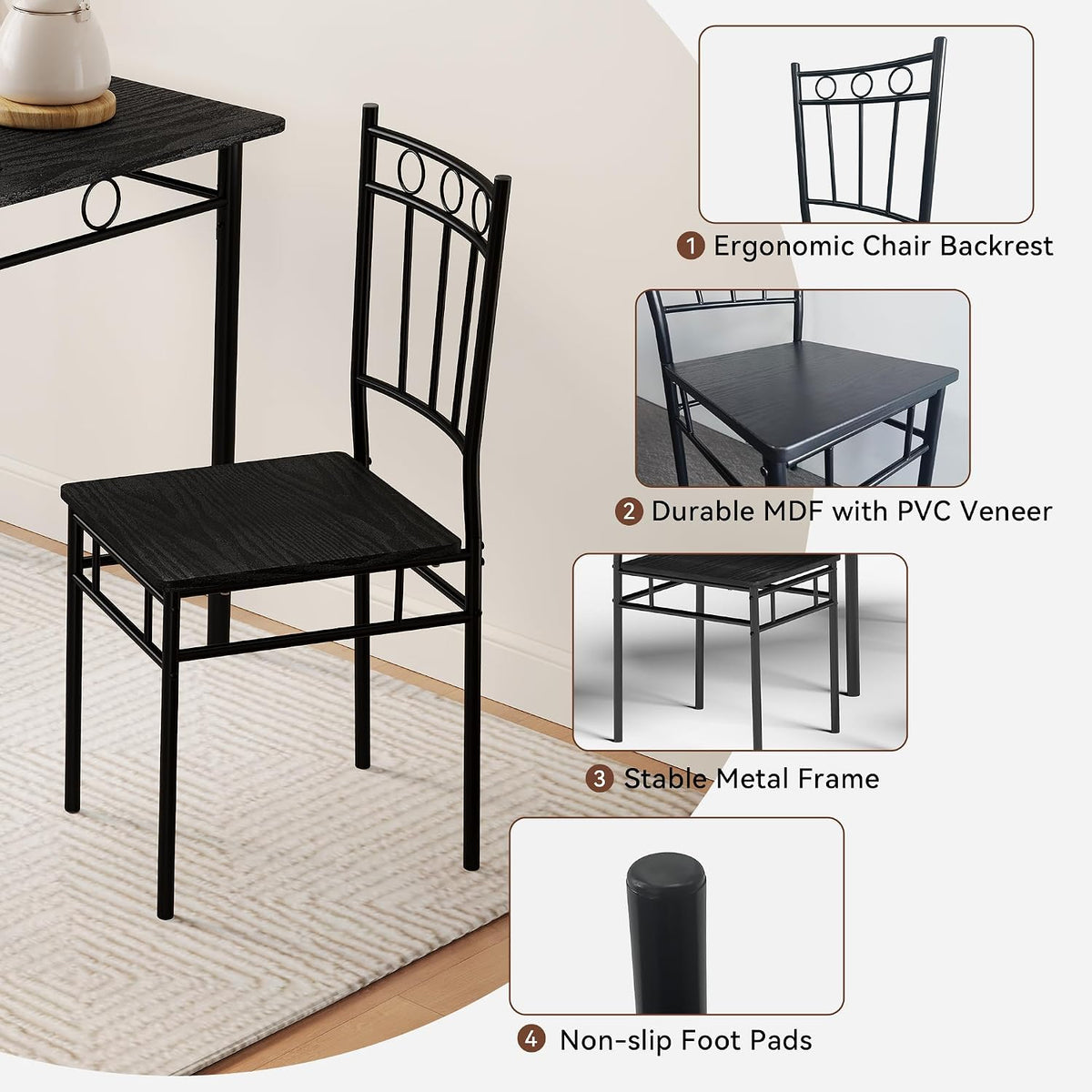 Vipbear Kitchen Dining Table Set for 4, 5-Piece Kitchen Table Set,Dining Room Table Sets,Rectangular Kitchen Table Set with 4 Chairs for Small Space, Dinette,Apartment,Rustic Black