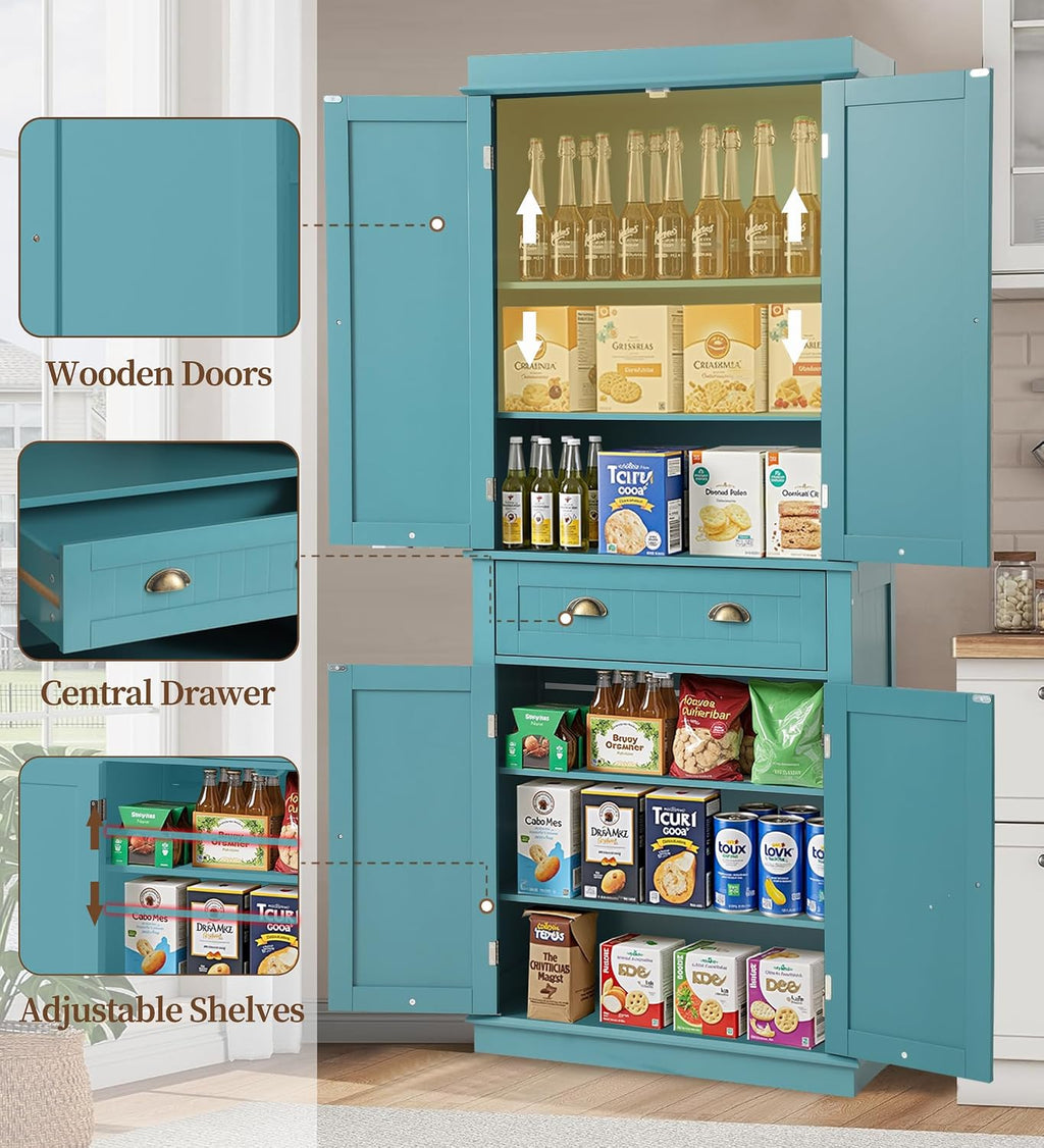 KIGOTY 72" Tall Kitchen Pantry Cabinet with Drawer and 4 Adjustable Shelves, Freestanding Pantry Storage Cabinets, Wood Cupboard Pantry Cabinet for Kitchen, Dining Room, Living Room, Turquoise