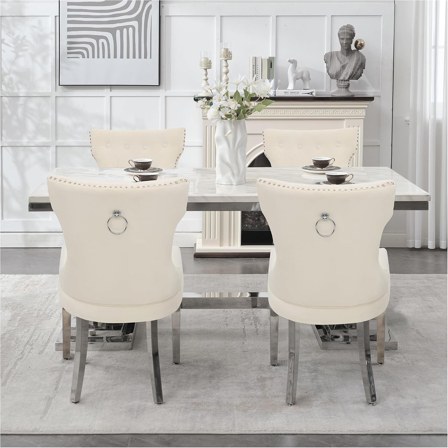adochr Velvet Dining Chairs Set of 2, Upholstered Kitchen Chairs with Mteal Legs, Modern Button Tufted Back with Square Pull Ring Trim for Dining Room, Beige