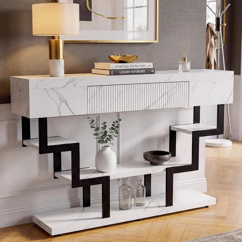 47.3" Console Table with Fluted Drawers, 3-Tier Modern Entryway Table with Geometric Black Metal Frame, Luxury Sofa Table for Living Room, Hallway, Foyer（White Marble Texture