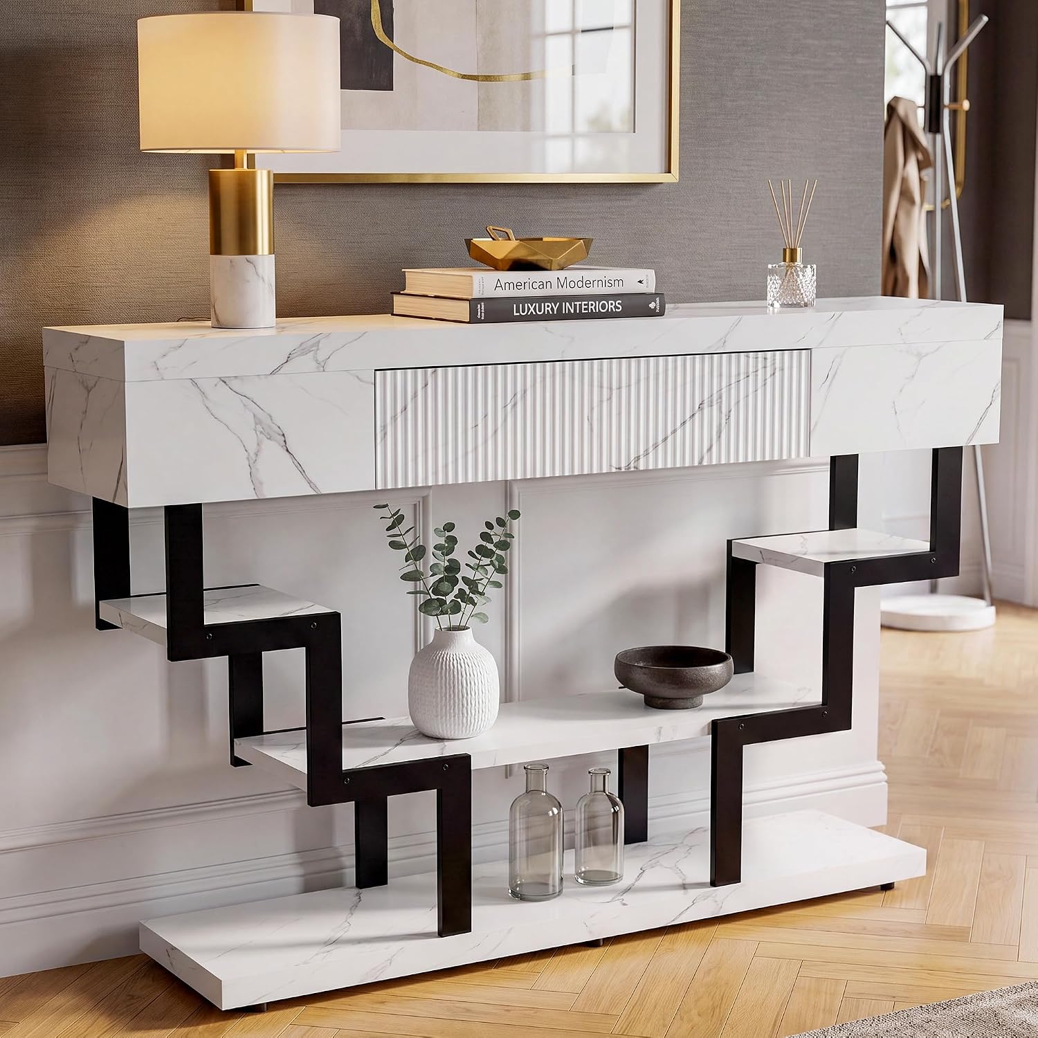 47.3" Console Table with Fluted Drawers, 3-Tier Modern Entryway Table with Geometric Black Metal Frame, Luxury Sofa Table for Living Room, Hallway, Foyer（White Marble Texture