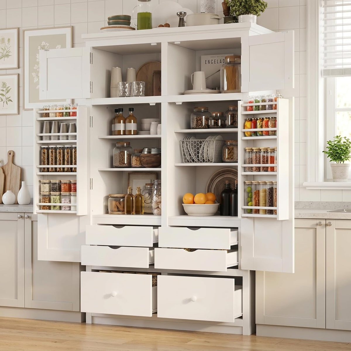 74.8" Tall Kitchen Pantry Cabinet with 4 Doors 6 Drawers 4 Pull-Out Trays, Freestanding Kitchen Cabinet Organizer for Dining Room Living Room, Pantry Cabinets for Kitchen Storage(White)