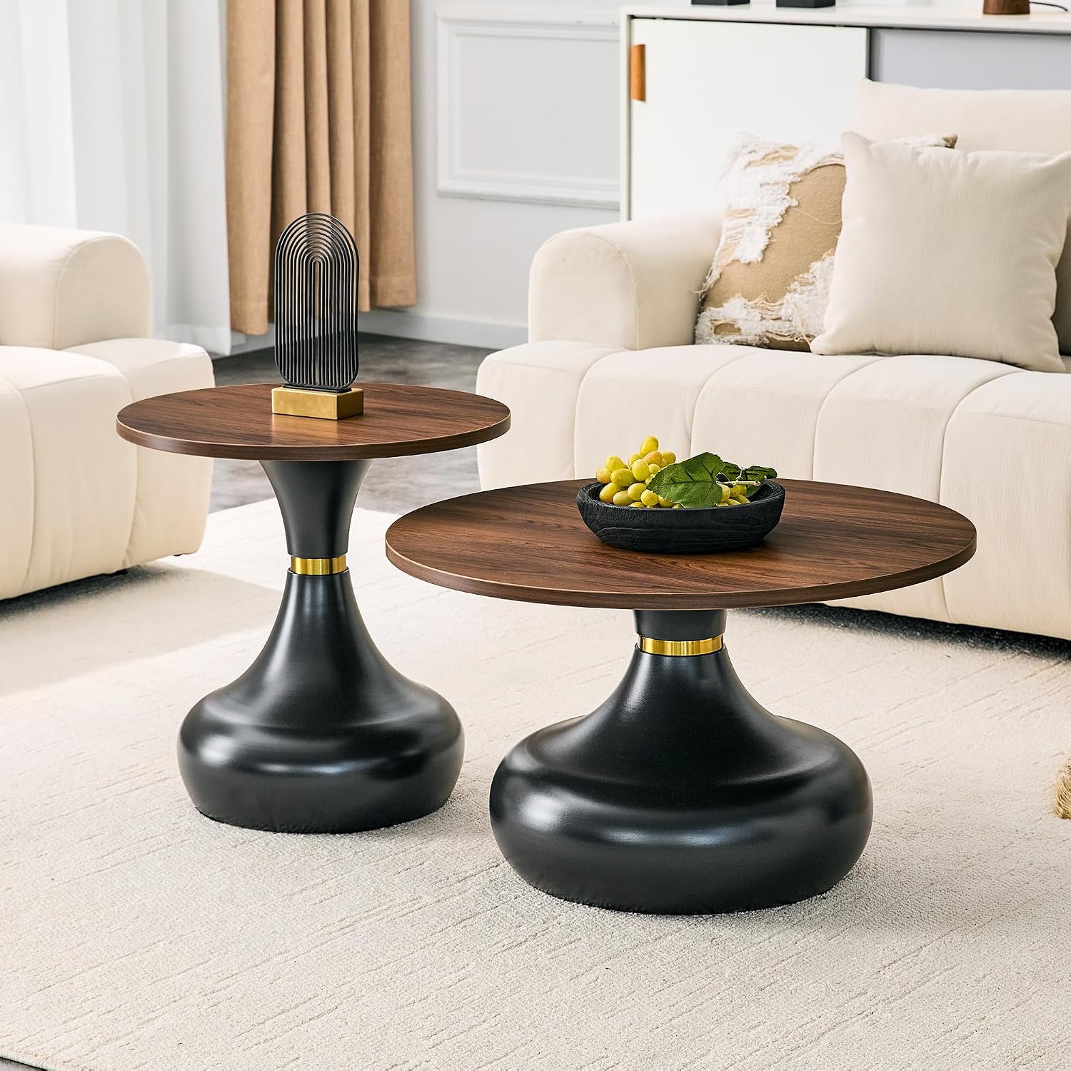 Nesting Coffee Table Set of 2, Modern Rustic Round Wood Center Table Set | French Luxury Circle Tea Table Set with Pedestal Base for Living Room, Apartment, Bedroom, Reception Room, Black and Walnut