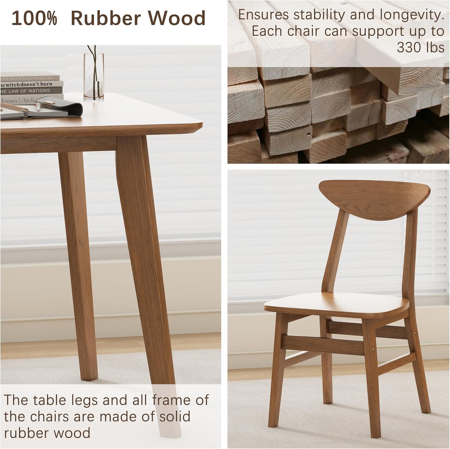 WiberWi 5 Piece Dining Table Set for 4, Solid Wood Kitchen Table Chairs Set of 4, 43.3” Space-Saving Mid Century Modern Dining Room Table, Walnut Home Furniture