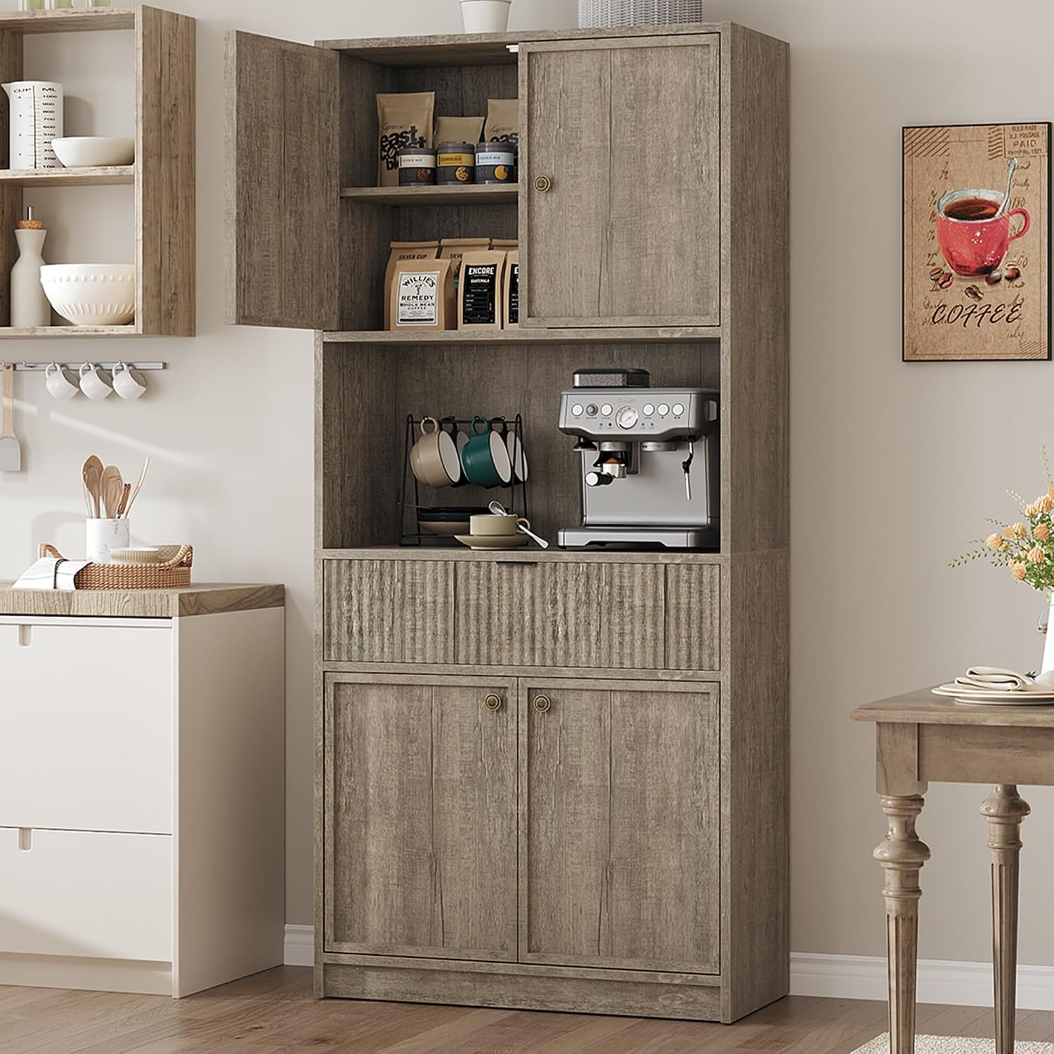IDEALHOUSE Tall Storage Cabinet, 70" Kitchen Pantry Cabinet with Doors, Fluted Kitchen Hutch Cupboard with Microwave Shelf & Drawer, Freestanding Cupboard for Dining Room, Living Room, Gray