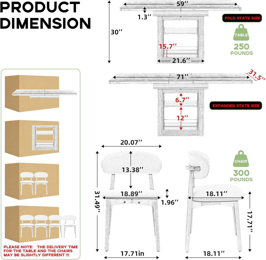 Extendable Dining Table Set for 6, Modern 7-Piece Kitchen Table and Chairs with Storage Shelves, 59" to 71" Adjustable, Space-Saving Rectangular Dining table Set, for Kitchen, Living Room & Office