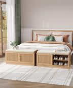 Akxomel 39.4" Fluted Shoe Storage Bench 2 Doors Wooden Entryway Bench Oak | 2 Tier Shoe Bench with Padded Cushion, Adjustable Shelves and 2 Doors, Curved Profile, for Hallway, Living Room, Bedroom