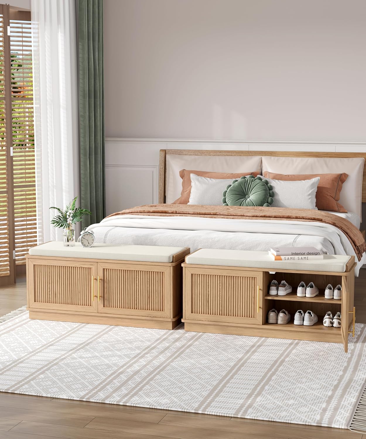 Akxomel 39.4" Fluted Shoe Storage Bench 2 Doors Wooden Entryway Bench Oak | 2 Tier Shoe Bench with Padded Cushion, Adjustable Shelves and 2 Doors, Curved Profile, for Hallway, Living Room, Bedroom
