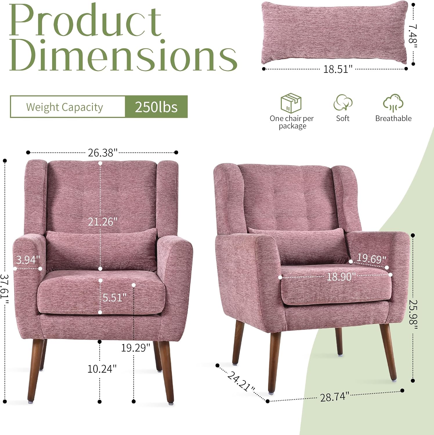 cinkehome Accent Arm Chairs for Living Room, Chenille Upholstered Mordern Armchair, Comfy Soft Padded Lounge Chair in Small Spaces, Bedroom, Pillow, Solid Wood Leg, Purple