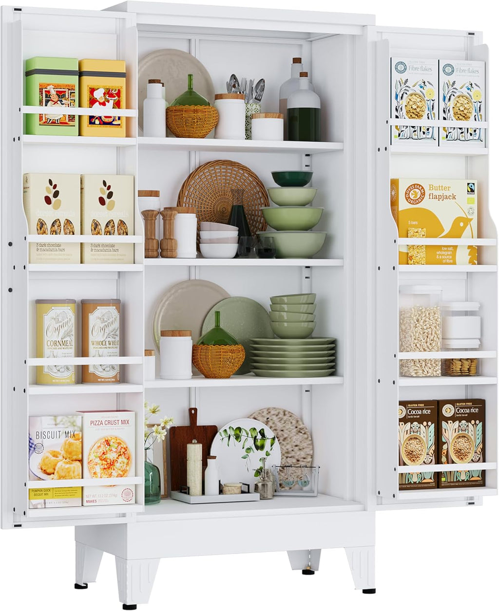 48" H Metal Kitchen Pantry Storage Cabinet, Freestanding Cupboard Storage Cabinet with Doors and Adjustable Shelves, Large Stand Up Food Cupboard for Living Room, Dinning Room, White