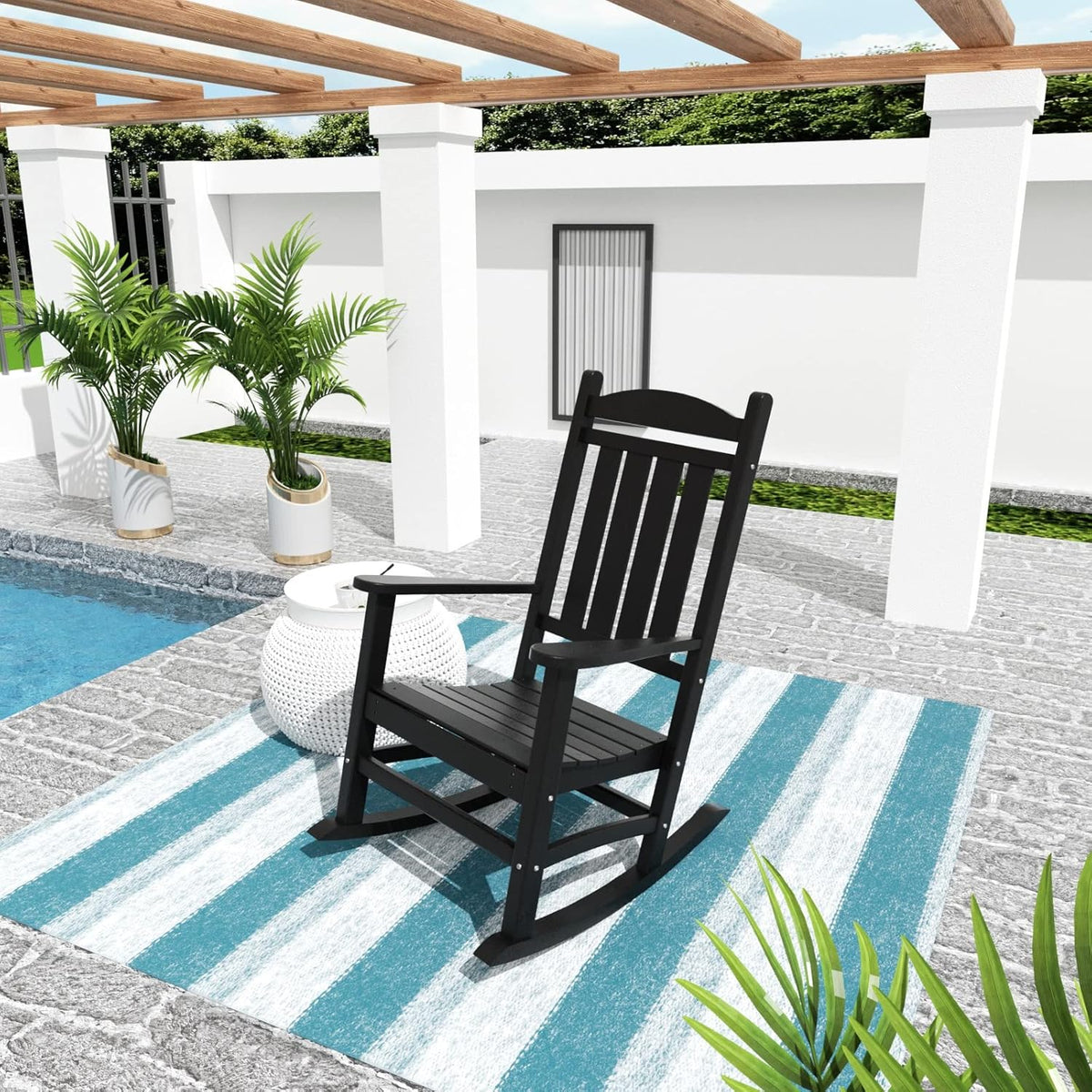 WO Home Furniture Patio Rocking Chair Farmhouse Outdoor HDPE UV Weather Resistant (Black)