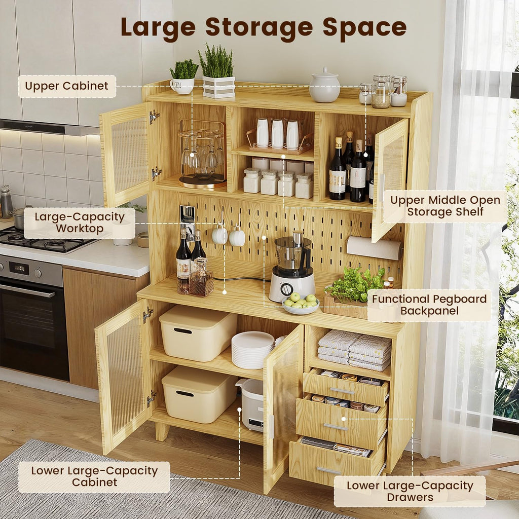 FUXA Modern Farmhouse Kitchen Pantry Cabinet with Charging Station, 71" Tall Storage Cabinet with LED Light, Microwave Stand and Drawers, Buffet Hutch for Living Room, Dining Room, Natural Wood