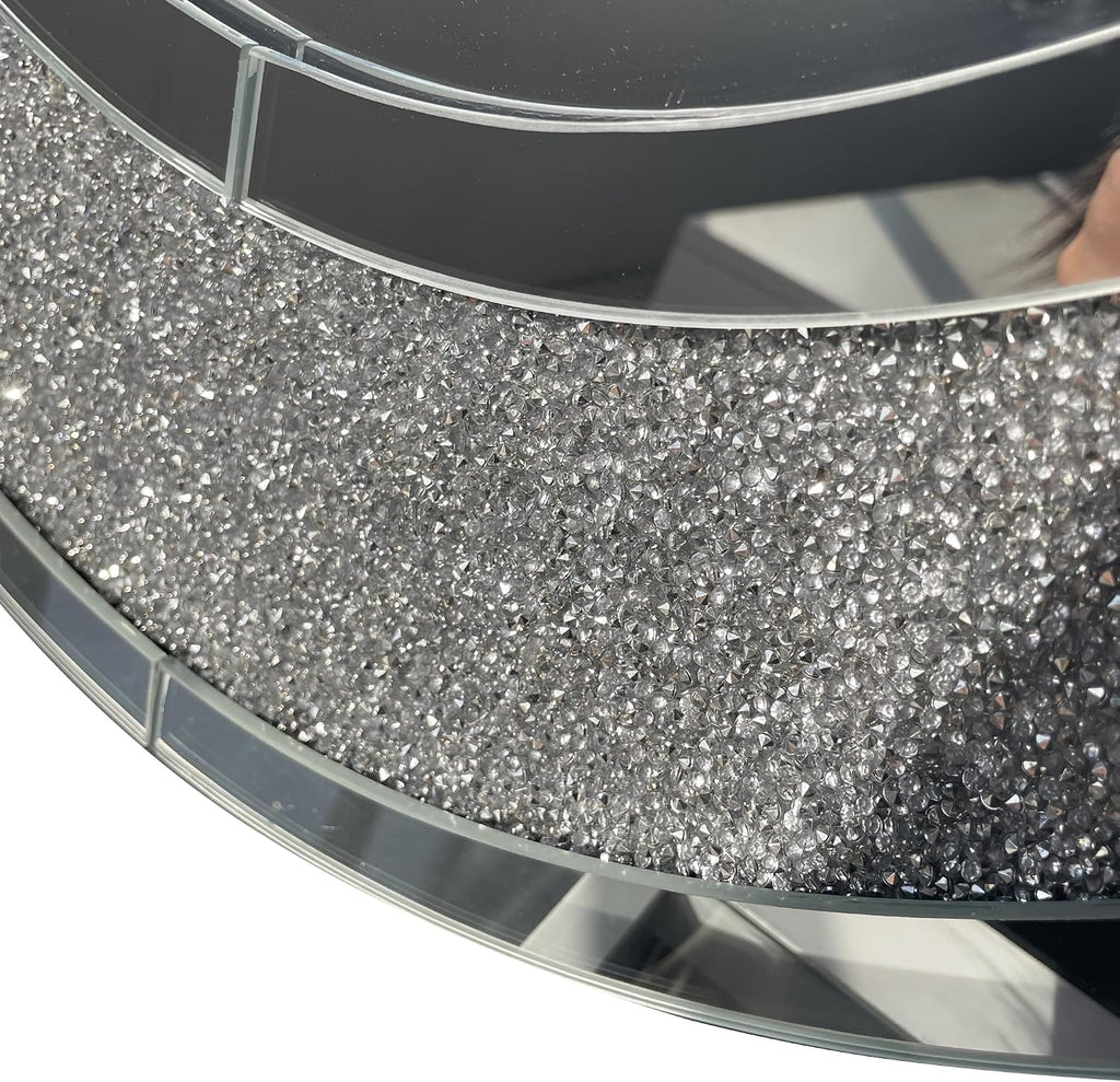 2 Piece Mirrored Console Table & Oval Wall Mirror Set, 39.5" Silver Entryway Sofa Table with Crystal-Inlaid Olive-Shape Base and Crush Diamond Round Wall Mirror Set for Entryway Hallway Entrance