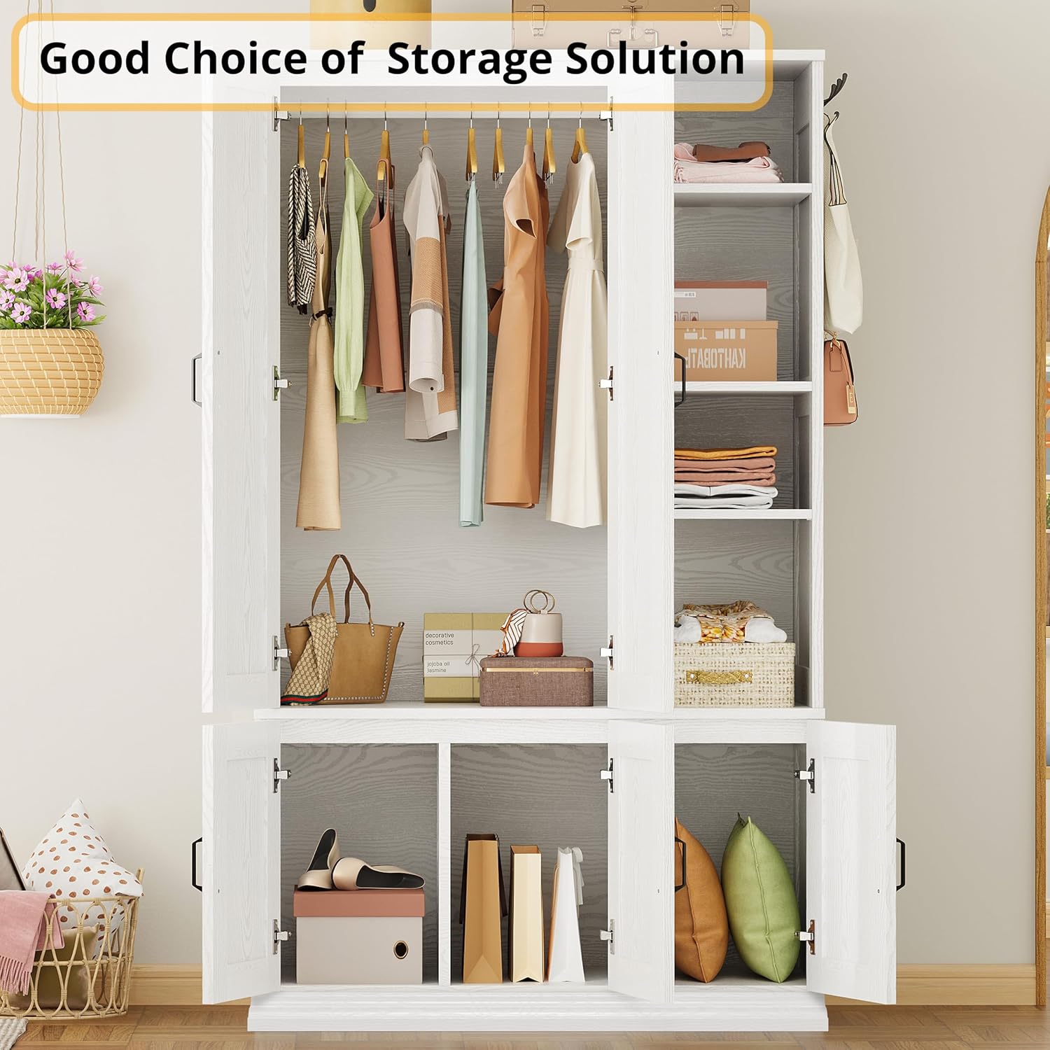 LIKIMIO Armoire Wardrobe Closet 70" H, 5 Doors for Bedroom, White | Wooden Wardrobe with 4 Storage Shelves and Hanging Rod, Clothing Storage Cabinet Organizer Combination