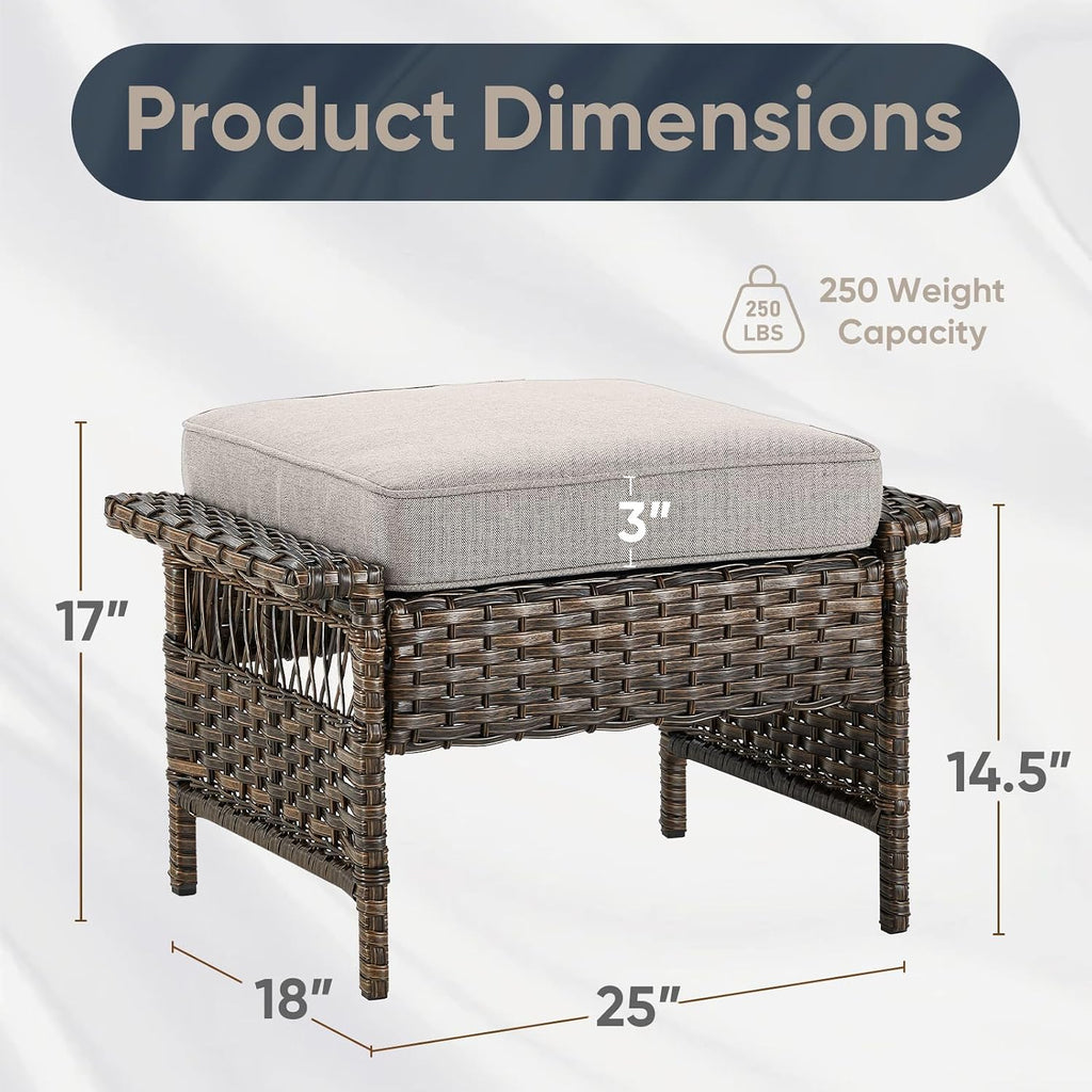 HUMMUH Outdoor Ottoman-Patio Rattan Footstool with Cushion Patio Ottoman for Deck Porch Balcony Garden-Brown/Beige
