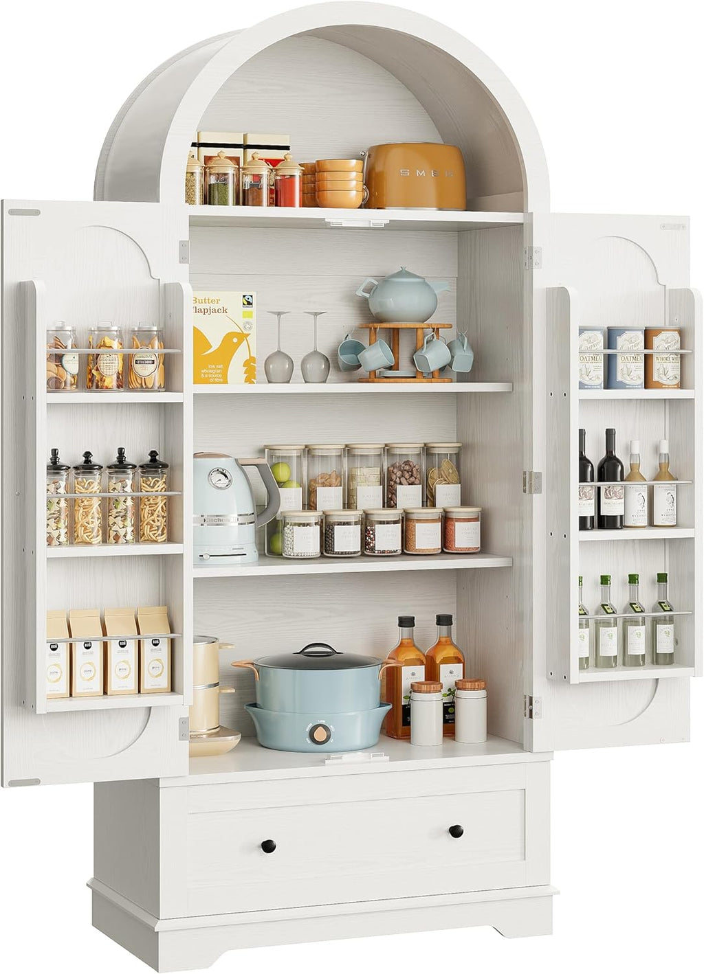 IRONCK 70.9 in Kitchen Pantry with Large Drawer Adjustable Shelves | kitchen pantry; 2 doors; large drawer; adjustable shelves; arched open shelving
