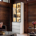 Homsee 92.5" H Lighted Kitchen Pantry Cabinet with 3 Drawers & Glass Doors, Kitchen Cupboard w/3-Color LED Lights & 4-Tier Display Shelves, Modern Storage Cabinet w/Countertop, 31.5" W Cream White