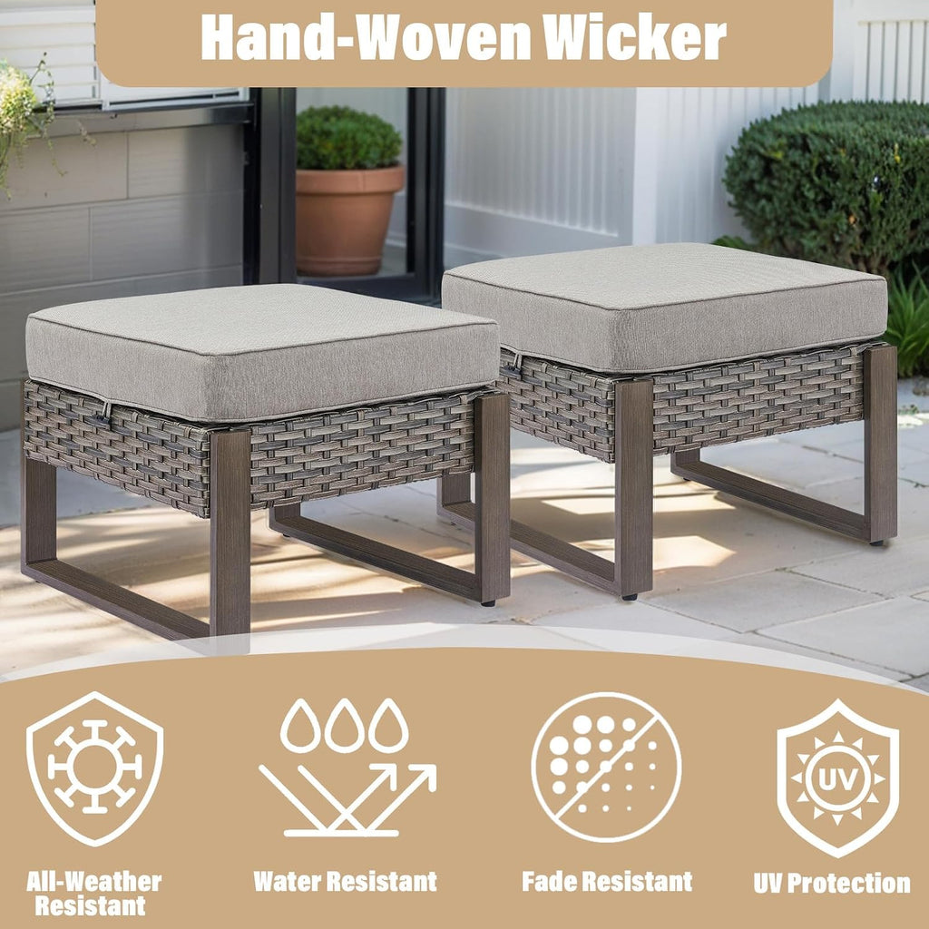 HUMMUH Patio Ottomans Outdoor Foot Rest-All Weather Rattan Outdoor Footstool with Removable Cover Cushions for Deck Porch Garden Balcony Poolside-Grey/Grey