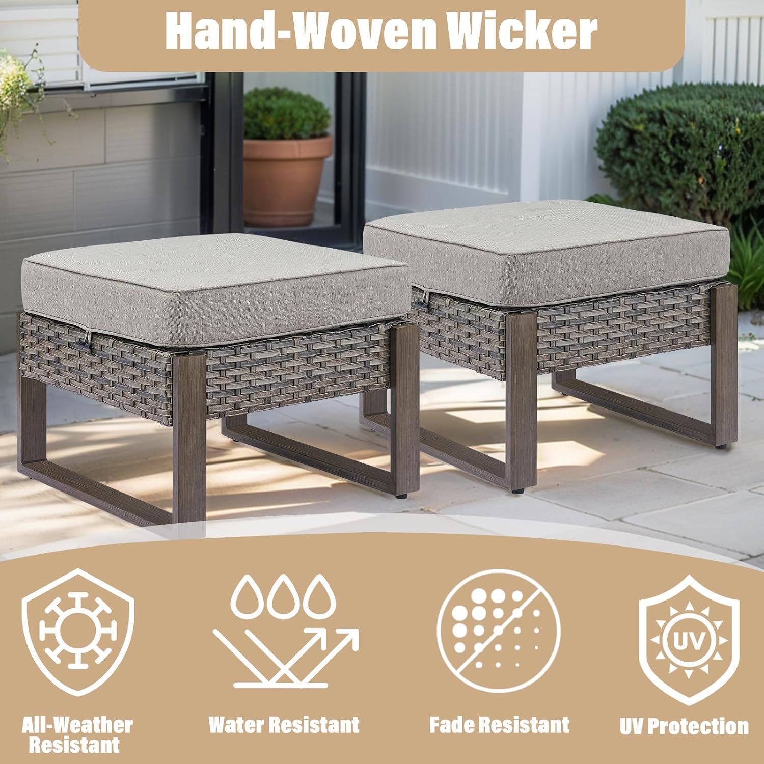 HUMMUH Patio Ottomans Outdoor Foot Rest-All Weather Rattan Outdoor Footstool with Removable Cover Cushions for Deck Porch Garden Balcony Poolside-Grey/Grey