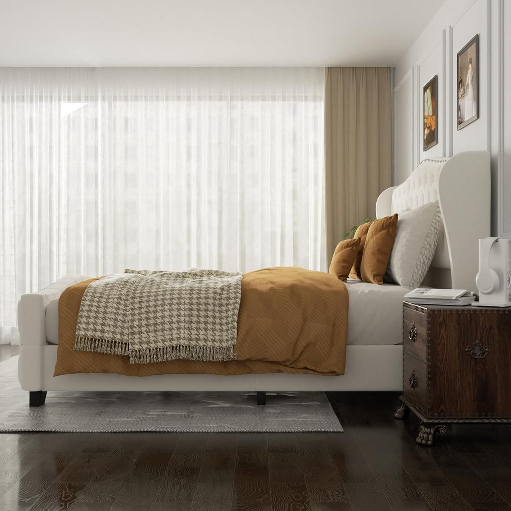 King Size Bed Frame with Tall 51.2" Wingback Headboard, Luxury Platform Bed with Velvet Upholstered Footboard, Deep Button Tufted, Nailhead Trim, No Box Spring Needed, Easy Assembly, Cream