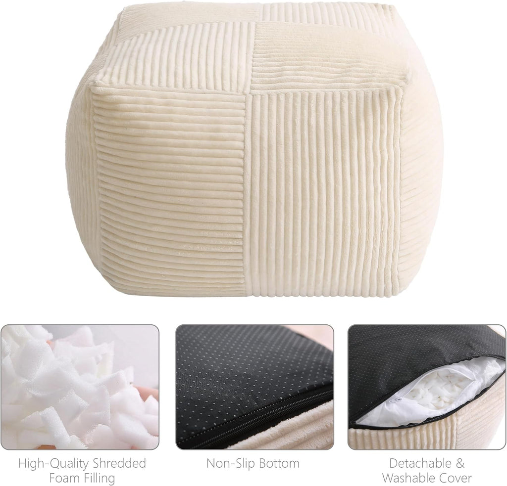 Corduroy Pouf Ottoman Foot Rest, Square Floor Pouf with Removable Cover, Soft Foam-Filled Foot Stool with Non-Slip Bottom for Living Room, Bedroom & Lounge