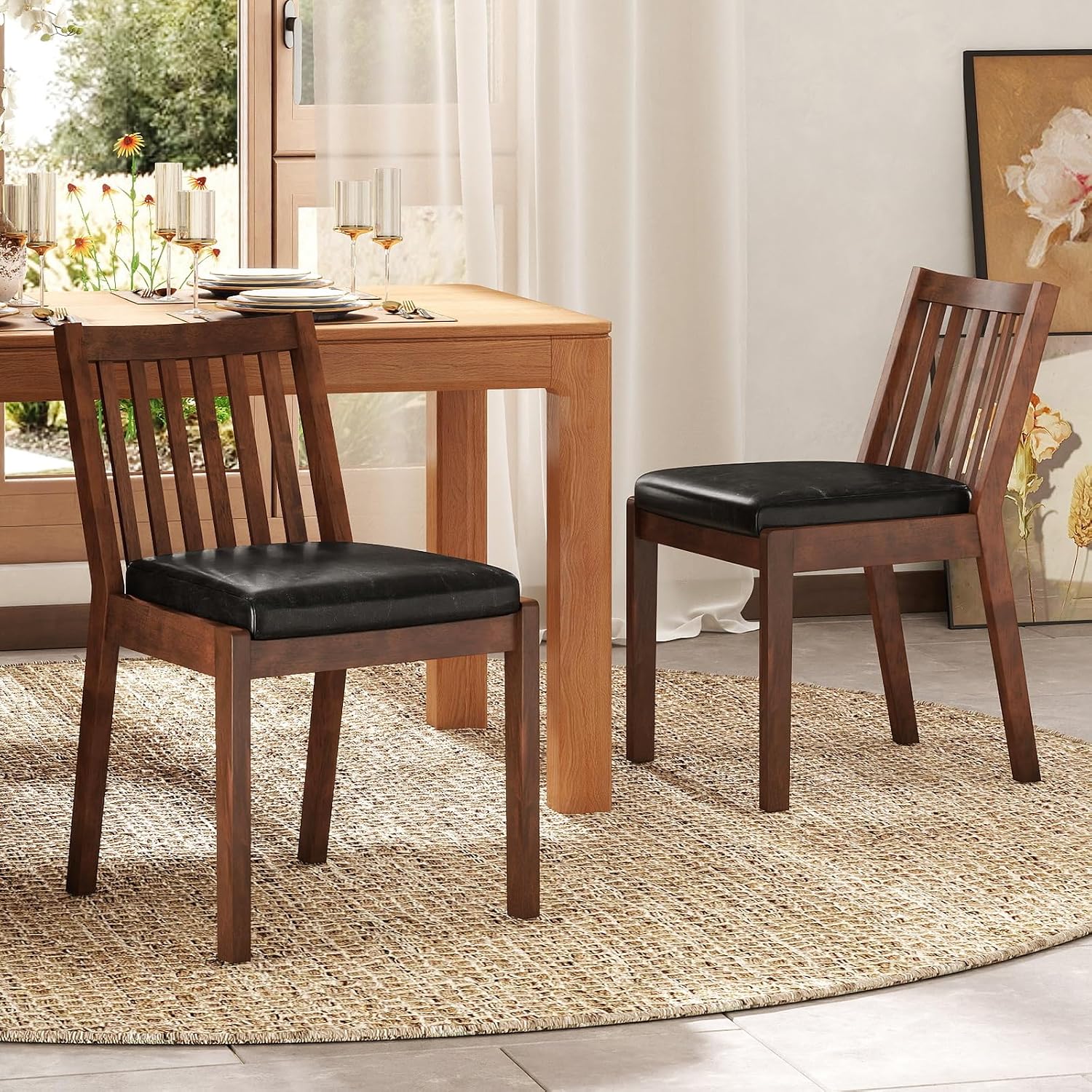 Giantex Wooden Dining Chairs Set of 2, PU Leather Upholstered Kitchen Chairs w/Rubber Wood Frame, Padded Seat, Slatted Backrest, Farmhouse Dining Side Chairs for Dining Room, Living Room